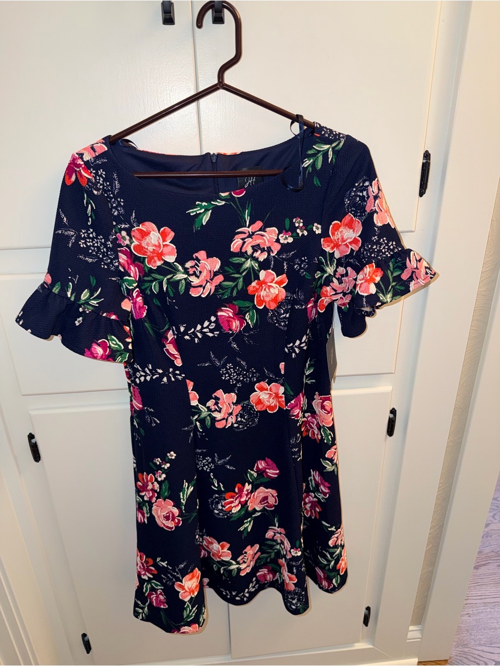 Navy Floral Short Sleeve Mini Dress with Ruffle Sleeves